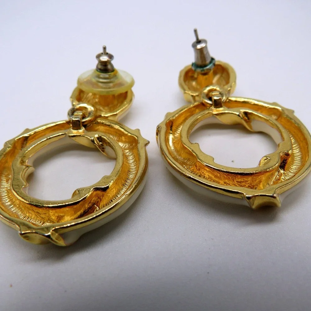 Vintage Cream Enamel Gold Tone Door Knocker Hoop Drop Earrings 1.5 Inch